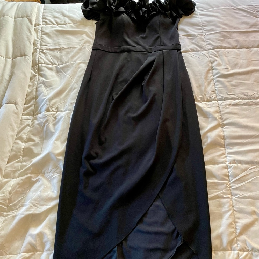 XSCAPE Off Shoulder Ruffle Faux Wrap Tulip Dress in Black Sz. 16